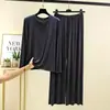 Conjunto de duas peças de moletom modal com mangas compridas e calças compridas para mulheres, T-shirt fina de outono com gola redonda, conjunto de pijama plus size de corte solto, roupa de casa