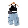 Comercio Exterior Europa y Estados Unidos Verano Nuevo Traje de Niña Dulce y Cool para Niños Top de Tirantes Pantalones de Mezclilla Riñonera Producto Nuevo