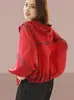 Chamarra Corta con Capucha para Mujer, Ropa Delgada de Protección Solar para Verano, Cárdigan Transpirable, Estilo Coreano Casual y Elegante, Manga Larga, Color Borgoña
