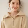 Gola Lapela Malha de Caxemira Feminina Suéter Meio Zíper Cor Sólida Elegante Solto Casual Simples Manga Longa Camada Base