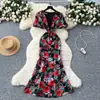 Vestido de Verano para Mujer con Estampado Romántico Francés, Mangas Abullonadas, Panel de Malla, Diseño Ajustado, Falda Larga de Cola de Pez