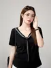 Blusa Falsa de Duas Peças com Gola Azul Marinho, Bloqueio de Cores Cruzado, Amarração, Tamanho Plus Size Feminino, Esconde Imperfeições, Emagrecedor, Manga Curta, Camiseta 66212