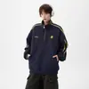 Sudadera de Estilo Americano con Rayas y Cuello Alto para Parejas para Hombres, Top Retro de Media Cremallera de Moda Otoñal con un Diseño Único, Chaqueta Deportiva Pesada