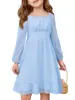 Vestido Azul Claro de Manga Larga para Niñas de 6-8 Años 2026, Falda de Gasa Burbuja Línea A, Artículo Caliente Casual de Primavera y Verano