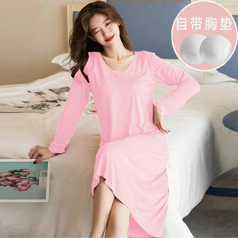 纯色带垫睡裙-粉-长