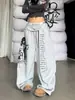 Calça de moletom com estampa de letras estilo rua americana para mulheres, calça solta casual vintage para dança hip-hop, jazz, foice