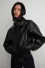 Chaqueta de cuero PU con patrón de lichi retro popular transfronteriza europea y americana para mujer, otoño e invierno, cuello alto, cremallera diagonal, corte holgado, chaqueta de motociclista