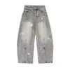 2026 Nuevos Jeans Rectos Desestructurados Lavados con Estampado de Estrellas Estilo Americano para Mujer, Corte Holgado, Marca de Tendencia, Pantalones de Pierna Ancha de Nicho