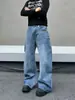 High Street París Hebilla Textura de Bambú Remaches Perlas Hot Fix Cimitarra Jeans de Mezclilla Unisex Versátil Holgado Pierna Ancha Casual Pantalones Largos