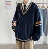 Outono ins Hong Kong Estilo Cor Combinando V-neck Malha Camisola Suéter Solto Masculino Estudante Moda Personalizada Casaco Japonês