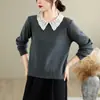 Foto real de top de punto corto de manga corta con cuello de muñeca y encaje de estilo coreano para mujer, adelgazante, versátil, elegante, moderno, nueva colección de otoño