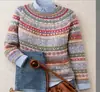 Suéter de Tricô Redondo Europeu e Americano Retro Transfronteiriço Casual Solto Color Block Manga Longa Suéter Fair Isle para Mulheres