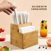Caja de Pañuelos de Bambú Cuadrada Multifuncional Caja de Servilletas de Papel Restaurante Puesto de Comida Palillos Cuchillo y Tenedor Estante de Almacenamiento para Popotes