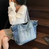 Bolsa tote jeans casual descontraída de grande capacidade estilo retrô coreano, bolsa de ombro confortável, durável e versátil