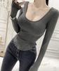 Camiseta interior de rayón básica de corte bajo, manga larga, ajustada, engrosada, con cuello en U grande, ropa de otoño e invierno para mujer