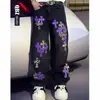 Moda High Street Americana Retro Patchwork Cuero Cruzado Casual Jeans Unisex Moda Sueltos Rectos Pantalones Largos