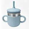 Taza de acero inoxidable con pajita de silicona para niños, taza multifuncional para beber directamente con pajita y doble asa, taza de aprendizaje de estilo creativo