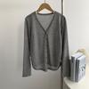 Cárdigan de Lyocell Tencel Camiseta de Manga Larga con Cuello en V Camiseta de Otoño Top Simple Retro Nicho Prenda Base Exterior