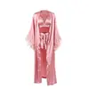 Estilo Europeu e Americano Sexy Camisola de Cetim Conjunto de Três Peças Roupa de Casa Roupa Íntima Shorts Pijama de Penas Conjunto Feminino Outono e Inverno 2026