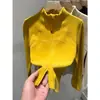 Camiseta de Manga Longa com Gola Meio Alta Afunilada na Cintura Estilo Hot Girl para Mulheres no Outono e Inverno Top Jaqueta Camada Interna Quente com Zíper Duplo Veludo Alemão