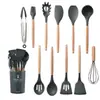 Juego de Utensilios de Cocina de Silicona con Mango de Madera de 11 Piezas Barril de Almacenamiento Utensilios de Cocina de Silicona de Diez Colores Cuchara y Espátula para Cocinar Traje de 11 Piezas