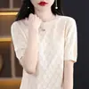 Moda cuello redondo hexagonal color sólido hueco jersey manga abullonada holgado casual primavera y verano algodón tejido para mujer manga corta