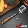 Espátula Colher de Aço Inoxidável Colher para Fritura Doméstica Espátula Colher Espátula de Cozinha Escorredor Espessado Anti-Escaldante Textura de Madeira Conjunto de Utensílios de Cozinha