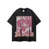 Impressão de anime de estilo japonês Camiseta de manga curta na moda nacional de tamanho grande com pequena linha de meia-manga para homens e mulheres lavada camiseta de meia manga