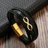 Moda Europea y Americana Pulsera de Acero Inoxidable para Hombre Accesorios con Logo de 8 Caracteres Pulsera Trenzada de Cuero Multicapa Hebilla Magnética Pulsera para Apilar