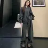 Atacado transfronteiriço estilo casual solto zíper V-neck manga longa moletom longo drapeado calça pantalona conjunto de duas peças feminino outono e inverno