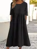 Comercio Exterior Transfronterizo 2026 Primavera/Verano Nuevo Estilo Cuello Redondo Manga Corta Talla Grande Casual Holgado Largo Color Sólido Vestido de Algodón y Lino