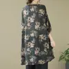 Foto Real de Camisa Floral Vintage de Longitud Media para Mujer, Mangas de Linterna, Botones al Frente, Corte Holgado, Mangas de Tres Cuartos, Top Delgado de Ramio