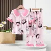 Pijama Infantil de Verão Calça de Manga Curta Estampa Desenho Gola Princesa Estilo Princesa Conjunto Roupas de Casa para Crianças de Meia-Idade e Mais Velhas Bebê
