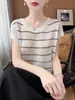 Chal vintage de bambú a rayas con bloques de color y textura artística, cuello redondo, corte holgado, versátil, estilo primavera-verano, manga corta