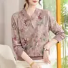 Camiseta Base Manga Longa Estilo Chinês de Alta Qualidade 50+ Estilo Casual para Meia-Idade e Idosos Suéter de Tricô Estampado Manga Longa Feminino