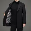 Casaco de lã masculino de comprimento médio para outono e inverno, com forro de plumas removível e gola de terno, adequado para uso casual