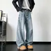Calça jeans de foice desconstruída plissada para homens, novo estilo outono, calça larga solta vintage lavada, calças compridas casuais americanas