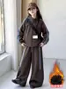 Conjunto Informal de Invierno para Niña Grande con Felpa Casual Ropa Infantil Niños Niñas Top de Cuello Alto Pantalones Casuales Ropa Deportiva Conjunto de Dos Piezas