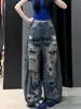 Jeans rotos de letras retro americanos para mujer, nuevos de verano de cintura alta holgados de pierna ancha casuales largos hasta el suelo finos
