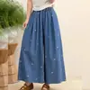 Calça Jeans Wide-Leg Artística Simples Bordada com Cintura Elástica, Novo Estilo de Verão, Caimento Solto, Versátil, Emagrecimento, Calça Longa Casual para Atacado
