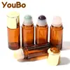 Botella dispensadora de aceite de ricino de vidrio ámbar de 50 ml, botella aplicadora roller de jade cristal rosa natural, botella aplicadora roller de cuarzo rosa