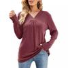 Amazon 2024 Europeu e Americano Transfronteiriço Outono Novo Casual Gola V Plissada Manga Longa Solta Camiseta Feminina Camisa Henley