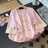 Conjunto de dos piezas de seda de calidad garantizada para reducir la edad, estilo chino nuevo, para primavera y otoño, para madres de mediana edad, con top de manga media modificado y pantalones de pierna ancha