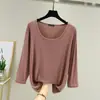 Camiseta de manga tres cuartos para mujer, corte holgado, talla grande, fina, color liso, versátil, top de cuello redondo, modal, principios de otoño