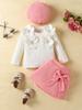 Conjunto de Tres Piezas Transfronterizo para Bebé de 0 a 3 Años Otoño e Invierno Manga Larga Top de Punto con Flor Estéreo Falda con Lazo Sombrero