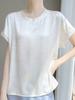 25 Años Nuevo Estilo Verano Francés Satén Cuello Redondo Manga Corta Camiseta para Mujer Color Puro Plisado Holgado Jersey Camisa Base Top