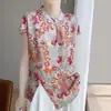 Camisa Retro de Verão com Gola Cheongsam, Estampa em Seda Sintética, Manga Curta, Design Feminino Emagrecedor, Top Estilo Chinês