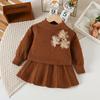 Conjunto de Suéter para Niña Otoño e Invierno Nuevo Niña Tres Flores Cuello Redondo Falda de Punto Estilo Coreano Lindo Suéter Superior