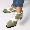 Tallas 34-52 Zapatos de Cuero Poco Profundos con Cordones, Bloques de Color Transfronterizos, Suela de Goma Suave, Zapatos de Tacón Cuadrado para Mujer