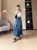 Saia Midi Jeans Vintage Desgastada para Mulheres, Versátil Nova de Cintura Alta Modelo A com Barra Larga e Design Patchwork
